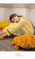 Shirt Dyed Embroidered Fine Lawn Shirt Front 1.15m Dyed Fine Lawn Shirt Back 1.15m Dyed Embroidered Fine Lawn Shirt Sleeves 0.7m Color: Yellow Fabric: Fine Lawn  Trouser Dyed Cotton Trouser 2.5m Color: Yellow Fabric: Cotton  Dupatta Digital Printed Viscose Chiffon Dupatta 2.5m Color: Multi Fabric: Viscose Chiffon