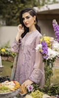Shirt Dyed Embroidered Bemberg Crinkle Chiffon Shirt Panels 3PC Dyed Bemberg Crinkle Chiffon Shirt Back 1m Dyed Embroidered Bemberg Crinkle Chiffon Shirt Sleeves 0.7m Embroidered Patti 1PC Dyed Thai Silk Slip 2m Color: Lavender Fabric: Bemberg Crinkle Chiffon  Trouser Dyed Viscose Raw Silk Trouser 2.5m Color: Lavender Fabric: Viscose Raw Silk  Dupatta Digital Printed Viscose Chiffon Dupatta 2.5m Color: Lavender Fabric: Viscose Chiffon