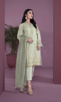 Details: Printed & Embroidered Front, Printed Back, Full Sleeves with Embroidered Border, Y Neckline Color: Paistasho Green Fabric: Zari Cotton  Cigarette Pants Color: Paistasho Green Fabric: Cotton  Slub Net Dupatta Color: Paistasho Green