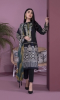 Details: Printed & Embroidered Front, Printed Back, Full Sleeves, Band Neck with Slit Color: Black Fabric: Textured Lawn  Blended Chiffon Dupatta Color: Black