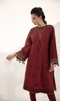 Shirt Dyed Embroidered Cotton Shirt Front 1.15 m Dyed Cotton Shirt Back 1.15 m Dyed Embroidered Cotton Shirt Sleeves 0.7 m Embroidered Neckline 1 PC Embroidered Pockets 2 PC Color: Maroon Fabric: Cotton  Trouser Dyed Cotton Trouser 2.5 m Color: Maroon Fabric: Cotton