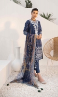 Shirt Digital Printed & Embroidered Cotton Shirt Front 1.15 m Digital Printed Cotton Shirt Back & Sleeves 1.85 m Embroidered Motifs 2 PC Color: Dark Blue Fabric: Cotton  Dupatta Digital Printed Blended Chiffon Dupatta 2.5 m Color: Dark Blue Fabric: Blended Chiffon