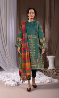 Shirt Digital Printed Khaddar Shirt 3m Embroidered Neckline 1PC Color: Green Fabric: Khaddar  Trouser Dyed Khaddar Trousers 2.5m Color: Green Fabric: Khaddar  Dupatta Yarn Dyed Jacquard Acrylic Shawl 2.5m