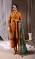 Shirt Digital Printed & Embroidered Khaddar Shirt Front 1.15m Digital Printed Khaddar Shirt Back & Sleeves 1.85m Embroidered Motif 2PC Color: Orange Fabric: Khaddar  Trouser Dyed Khaddar Trousers 2.5m Color: Orange Fabric: Khaddar  Dupatta Digital Printed Micro Modal Dupatta 2.5m