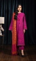 Shirt Embroidered Khaddar Shirt Front 1.15m Dyed Khaddar Shirt Back & Sleeves 1.85m Embroidered Border 1PC Color: Pink Fabric: Khaddar  Trouser Dyed Khaddar Trousers 2.5m Color: Pink Fabric: Khaddar  Dupatta Dyed Mycra Cotton Karandi Dupatta 2.5m