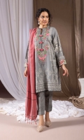 Shirt Digital Printed & Embroidered Khaddar Shirt Front 1.15m Digital Printed Khaddar Shirt Back & Sleeves 1.85m Color: Grey Fabric: Khaddar  Trouser Dyed Khaddar Trousers 2.5m Color: Grey Fabric: Khaddar  Dupatta Yarn Dyed Jacquard Acrylic Shawl 2.5m