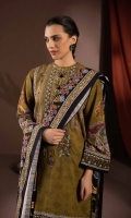 Shirt Printed Silky Khaddar Shirt 3m Embroidered Neckline 1PC Embroidered Border 3PC Color: Olive Green Fabric: Silky Khaddar  Trouser Dyed Khaddar Trousers 2.5m Color: Olive Green Fabric: Khaddar  Dupatta Printed Blended Dobby Shawl 2.5m