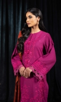 Shirt Embroidered Khaddar Shirt Front 1.15m Dyed Khaddar Shirt Back & Sleeves 1.85m Embroidered Border 1PC Color: Pink Fabric: Khaddar  Trouser Dyed Khaddar Trousers 2.5m Color: Pink Fabric: Khaddar  Dupatta Dyed Mycra Cotton Karandi Dupatta 2.5m