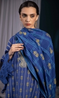 Shirt Yarn Dyed Jacquard Shirt 3m Embroidered Neckline 1PC Embroidered Border 1PC Color: Blue Fabric: Jacquard  Trouser Dyed Cotton Trousers 2.5m Color: Blue Fabric: Cotton  Dupatta Yarn Dyed Jacquard Dupatta 2.5m