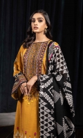 Shirt Digital Printed Silky Khaddar Shirt 3m Embroidered Border 4PC Embroidered Neckline 1PC Color: Mustard Fabric: Silky Khaddar  Trouser Dyed Khaddar Trousers 2.5m Color: Mustard Fabric: Khaddar  Dupatta Printed Wool Viscose Shawl 2.5m