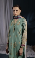 Shirt Printed & Embroidered Silky Khaddar Shirt Front 1.15m Printed Silky Khaddar Shirt Back & Sleeves 1.85m Embroidered Hem Border 1PC Embroidered Border 2PC Color: Green Fabric: Silky Khaddar  Trouser Dyed Khaddar Trousers 2.5m Color: Green Fabric: Khaddar  Dupatta Printed Blended Dobby Shawl 2.5m