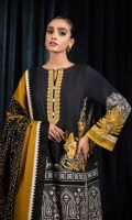 Shirt Digital Printed & Embroidered Silky Khaddar Shirt Front 1.15m Digital Printed Silky Khaddar Shirt Back & Sleeves 1.85m Embroidered Neckline 1PC Color: Black Fabric: Silky Khaddar  Trouser Dyed Khaddar Trousers 2.5m Color: Black Fabric: Khaddar  Dupatta Printed Wool Viscose Shawl 2.5m