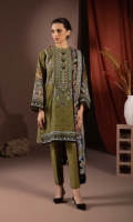 Shirt Printed Silky Khaddar Shirt 3m Embroidered Neckline 1PC Embroidered Border 3PC Color: Olive Green Fabric: Silky Khaddar  Trouser Dyed Khaddar Trousers 2.5m Color: Olive Green Fabric: Khaddar  Dupatta Printed Blended Dobby Shawl 2.5m