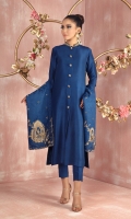 Shirt: Pure Raw Silk band gala sherwani style shirt featuring antique gold dabka, kora, sequins and beadwork on collar and handmade button, paired with hand embroidered stole. Shirt Color: Blue Shirt Length: 45”  Pant: Pure Raw Silk straight pants Pant Color: Blue      Stole: Pure Self jamawar stole, featuring antique gold dabka, kora, sequins and beadwork motifs. Stole Color: Blue Stole Size: 35" x 70"