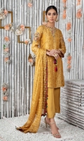 An ethereal mustard maysuri ensemble beautifully contrasted with accents of maroon, green and deep purple adorned with traditional Zardozi work featuring dull gold dabka, sequins, stones and beads. Handcrafted dori tassels to complete the look, paired with scalloped culottes and maysuri dupatta finished with traditional sussi material and hand crafted loop and zig zag details, perfect choice for mehandi, mayoon and other celebratory occasions.