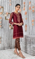 Mulberry colored straight cut cotton net shirt featuring antique gold Zardozi work with sequins, beads and resham work in tones of peaches and pinks. Inspired by quilt motifs dupatta is featuring appliqued motifs all over further enhanced with sequins and beads in antique gold, paired with jamawar straight pants.