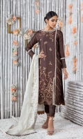 Brown cotton net long shirt featuring gold tilla, sequins, dabka, pearls, beads embroidery, accents of magenta and ivory resham work along with lace detailing to complete the look. Complimented with embroidered dupatta and scalloped loop button stylized pants