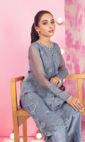 Make a style statement in this organza-lace overlapped shirt featuring pearls, sequins, beads, 3d florals and silk thread embroidery in monotones. This stylish shirt is paired with culottes with embroidered border details. Contrasting color hand crafted scallops detailed dupatta featuring sequins sprinkle all over finished with lace details complete the look of this trendy outfit.