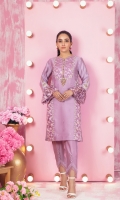 Elegant lavender cotton net shirt featuring ivory and gold silk thread embroidery further enhanced with pearls, beads and sequins. Hand crafted button and motif details and jacquard organza fabric blocking completes the look of this shirt. It is paired with loop button and lace detailed pants and hand block printed chiffon dupatta.