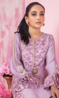 Elegant lavender cotton net shirt featuring ivory and gold silk thread embroidery further enhanced with pearls, beads and sequins. Hand crafted button and motif details and jacquard organza fabric blocking completes the look of this shirt. It is paired with loop button and lace detailed pants and hand block printed chiffon dupatta.
