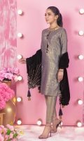 Gorgeous Grey shirt featuring dabka, sequins, beads embroidery over velvet applique, paired with brocade pants and stunning Velvet hand embroidered stole, finished with hand crafted tassels.