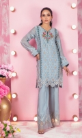 Adorn yourself in this pure jacquard cotton net shirt featuring contrasting silk thread embroidery, enhanced with kundan, sequins and beads, further composed with lace and border details. This shirt is paired with embroidery detailed boot-cut pants and multi colored hand block printed dupatta featuring sequins sprinkles all over finished with gota details.