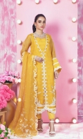 Trendy and stylish is this canary yellow ensemble featuring ivory silk and anchor thread work along with ribbon, sequins, beads and pearls hand crafted embroidery. Lace details accentuated the cut of this outfit, paired with straight pants with pin tucks details and fully embroidered dupatta heavily sprinkled with pearls and sequins to complete the look.