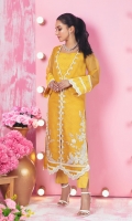 Trendy and stylish is this canary yellow ensemble featuring ivory silk and anchor thread work along with ribbon, sequins, beads and pearls hand crafted embroidery. Lace details accentuated the cut of this outfit, paired with straight pants with pin tucks details and fully embroidered dupatta heavily sprinkled with pearls and sequins to complete the look.