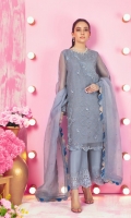 Make a style statement in this organza-lace overlapped shirt featuring pearls, sequins, beads, 3d florals and silk thread embroidery in monotones. This stylish shirt is paired with culottes with embroidered border details. Contrasting color hand crafted scallops detailed dupatta featuring sequins sprinkle all over finished with lace details complete the look of this trendy outfit.