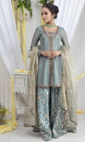 Effortless and classy, our bubblegum blue shimmer cotton net short shirt featuring kundan, contrasting resham, sequins, metallic silver kora, dabka and beads embroidery, high side-slits finished with hand crafted tassels for additional style quotient, Paired with beautiful jacquard organza Dhaka pajama and heavily sequins sprinkled dupatta finished with loops and gota detailing to complete the look.