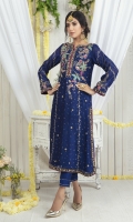 Jacquard cotton net shirt featuring Floral motifs hand-worked in gold and silver with dabka, naqshi, crystals, stones, resham, beads, sequins and dabka. Velvet applique work on side hem and neckline to complete the look. This outfit is paired with straight pants heavily embellished sequins dupatta finished with jamawar and scallop details .A quintessential wardrobe for Wedding Festivities
