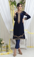 Make a bold style statement this wedding season with our navy blue velvet ensemble featuring traditional antique gold embroidery in dabka, kora, beads, pearls, sequins and contrasting resham. Dangling details all over with mint green applique work enhances this outfit, paired with beautiful atlas silk dupatta in ombre and raw silk pants with motif details.