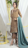 Jacquard maysuri shirt featuring hand embroidery in silver and antique gold with dabka, naqshi            , stones, beads, kut-dana, sequins and contrasting resham. Stylish drop stones edging at hemline. This outfit is paired with culottes featuring applique and sequins work. Pure karandi silk dupatta completes the regal look of this outfit.