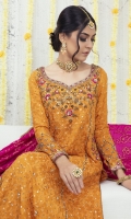 A bright Cadmium yellow-orange traditional, long flattering A-line shirt featuring antique gold Zardozi hand embroidery in kora, dabka, sequins, tilla, kundan and resham work, finished with hand crafted tassels, paired with straight pants and Beautiful jacquard chiffon dupatta, a perfect choice for mayoon, dholki and other celebratory festivities.