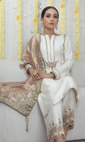 An ethereal Raw Silk ensemble featuring minimal zardozi embroidery beautifully contrasted with Rose Gold dupatta featuring beads, sequins, pearls, dabka, resham, cutwork and contrasting applique work details, finished with handmade tassels. This outfit is paired with cutwork and appliqued work hand embroidered culottes to complete the look.
