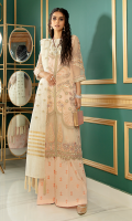 Embroidered chiffon left right panels with handmade embellishment for front: 1 yard  Embroidered organza for neck : 1 pcs 6”  Embroidered chiffon for back: 1 yard  Embroidered chiffon for sleeves: 0.75 yard  Embroidered organza left right border with handmade embellishment for front: 2 pcs  Embroidered organza for front border: 1 yard  Embroidered organza for back border: 1 yard  Embroidered organza patti for center: 2 yard  Embroidered organza for sleeve patti: 1 yard  Embroidered Raw silk trouser: 2.50 yard  Embroidered cotton net dupatta: 2.75 yard