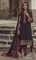 Embroidered front on khaddar karandi  Embroidered neck patti on organza  Embroidered sleeves on khaddar karandi  Embroidered border on organza for back  Embroidered butterflies on organza  Dyed khaddar karandi trouser with two embroidered butterfly patch  Embroidered pashmina shawl