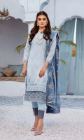 Embroidered swiss voile for front.  Dyed plain swiss voile for back.  Embroidered organza border for front.  Embroidered organza border for front & back.  Embroidered swiss voile for sleeves.  Embroidered chiffon for dupatta.  Dyed cotton for trousers.