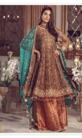 Embroidered net jaal for frock: 2.50 yards  Embroidered organza with handmade embellishment for front neck patch: 1 pcs  Embroidered organza border for frock: 3.25 yards  Embroidered chiffon with handmade embellishment for sleeves: 0.75 yard  Embroidered organza border for sleeves: 1 yard  Embroidered chiffon for dupatta:  Dyed Jamawar for trouser: 2.50 yards