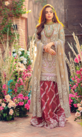 Embroidered & hand embellished chiffon front. Embroidered chiffon front back side panels. Embroidered organza front back border. Embroidered organza front back panels lace. Embroidered chiffon back. Embroidered chiffon sleeves. Embroidered organza sleeves border. Embroidered organza gharara pt1. Embroidered organza gharara pt2. Embroidered organza gharara border. Embroidered chiffon dupatta.