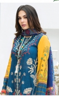 Embroidered front on digital printed Lawn. Embroidered back on the digital printed lawn. Digital printed sleeves. Embroidered borders on silk for front and back. Digital printed silk dupatta. Dyed cotton trousers.