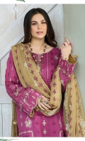 Embroidered front on lawn. dyed lawn back Embroidered sleeves on lawn Embroidered borders on organza for front, back and dupatta. Embroidered chiffon Dupatta. Dyed cotton trouser