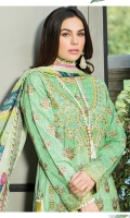 Embroidered front on digital printed lawn. Digital printed back. Embroidered sleeves on digital printed lawn. Embroidered borders on silk for front and back. Digital printed silk dupatta. Dyed cotton trouser.