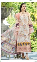 Embroidered front on digital printed lawn. Embroidered back on digital printed lawn. Embroidered borders on silk for front and back. Digital printed sleeves. Digital printed cotton trouser. Digital printed organza dupatta with digital printed silk pallu.