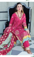 Embroidered front on self lawn  Self lawn back  Embroidered sleeves on self lawn  Embroidered finishing pattiyan on silk for shirt  Dyed cotton trouser  Embroidered silk patti for trouser  Foil printed organza dupatta  Foil printed 4 side borders on silk for dupatta