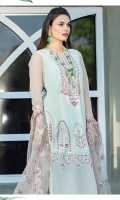 Embroidered front on self lawn  Screen printed lawn back  Embroidered borders for front and back  Dyed organza sleeves with embroidered borders  Dyed cotton trouser  Embroidered organza dupatta