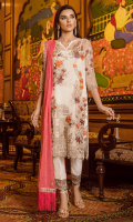 Embroidered chiffon for front: 1 yard  Embroidered organza motif with handmade embellishment for neck patch: 1pcs  Embroidered organza border for front: 1 yard  Embroidered chiffon for back: 1 yard  Embroidered organza border for back: 1 yard  Embroidered chiffon for sleeves: 0.75 yard  Embroidered organza border for sleeves: 1 yard  Embroidered chiffon for dupatta: 2.75 yards  Raw silk for trousers: 2.50 yards  Embroidered organza for trouser: 2 yards