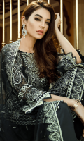 Embroidered chiffon for front: 1 yard  Embroidered organza border for front: 1 yard  Embroidered chiffon for back: 1 yard  Embroidered organza motif for back neck patch: 1 pcs  Embroidered organza border for back: 1 yard  Embroidered chiffon for sleeves: 0.75 yard  Embroidered chiffon for dupatta: 2.75 yards  Raw silk for trousers: 2.50 yards  Embroidered organza border for trousers: 1 yard