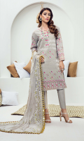 Embroidered karandi front  Embroidered border on back  Embroidered karandi sleeves  Embroidered chiffon dupatta  Karandi trouser