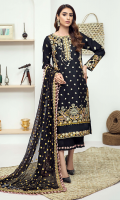 Embroidered karandi front  Embroidered border for karandi back  Embroidered karandi sleeves  Embroidered chiffon dupatta  Embrodered karandi trouser